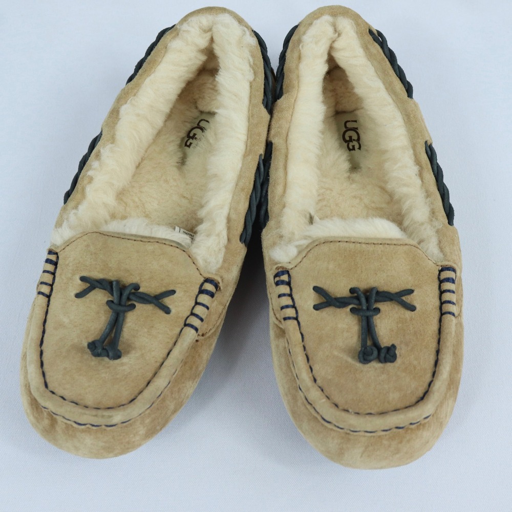 UGG Brett Beige Suede Moccasin Shearling Lined Slippers Women US 6 UK 4 NEW